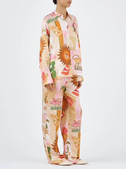Unique Printed Shirt Top and Elastic Waist Loose Pants Sets