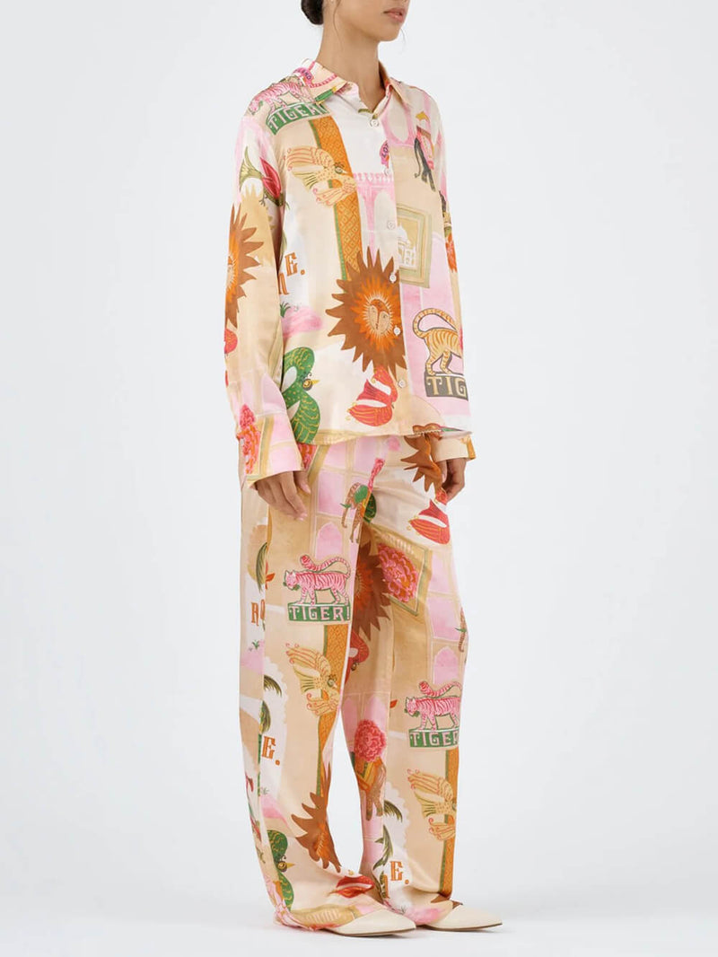 Unique Printed Shirt Top and Elastic Waist Loose Pants Set