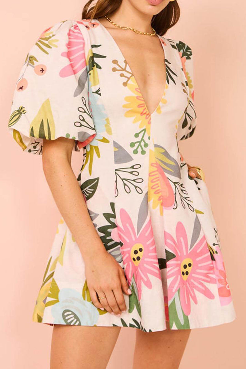 Print Puff Sleeve Pocketed Mini Dress