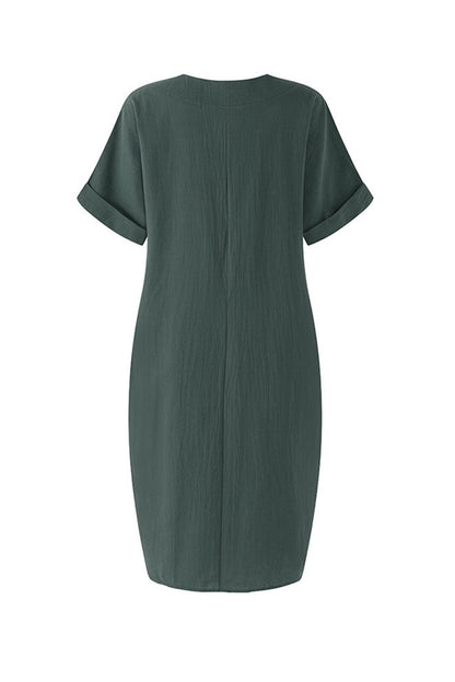 V-neck Short Sleeve Pocketed Cotton Dress