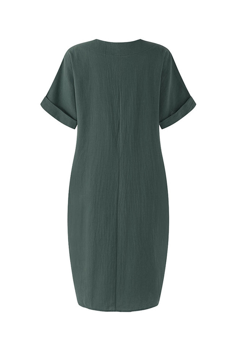V-neck Short Sleeve Pocketed Cotton Dress