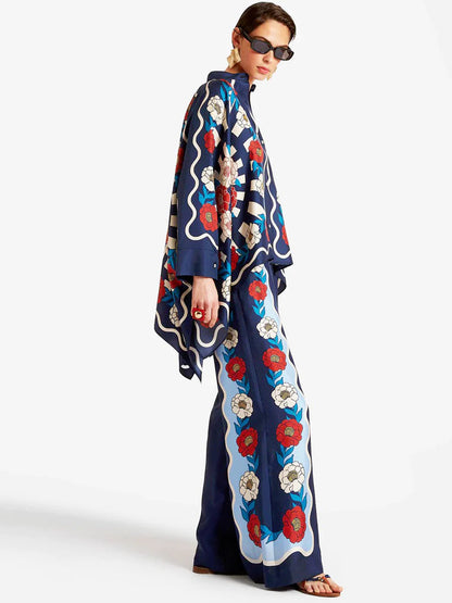 Fine Satin Print Batwing Sleeve Pants Set - Blue