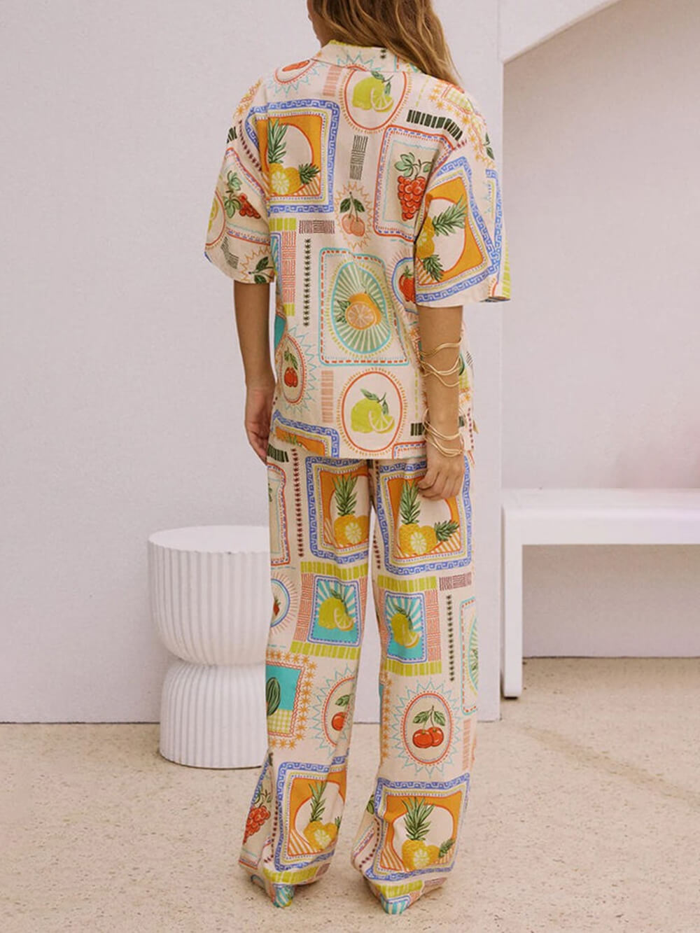 Unique Print Loose Short- Shirt Straight Pants Set