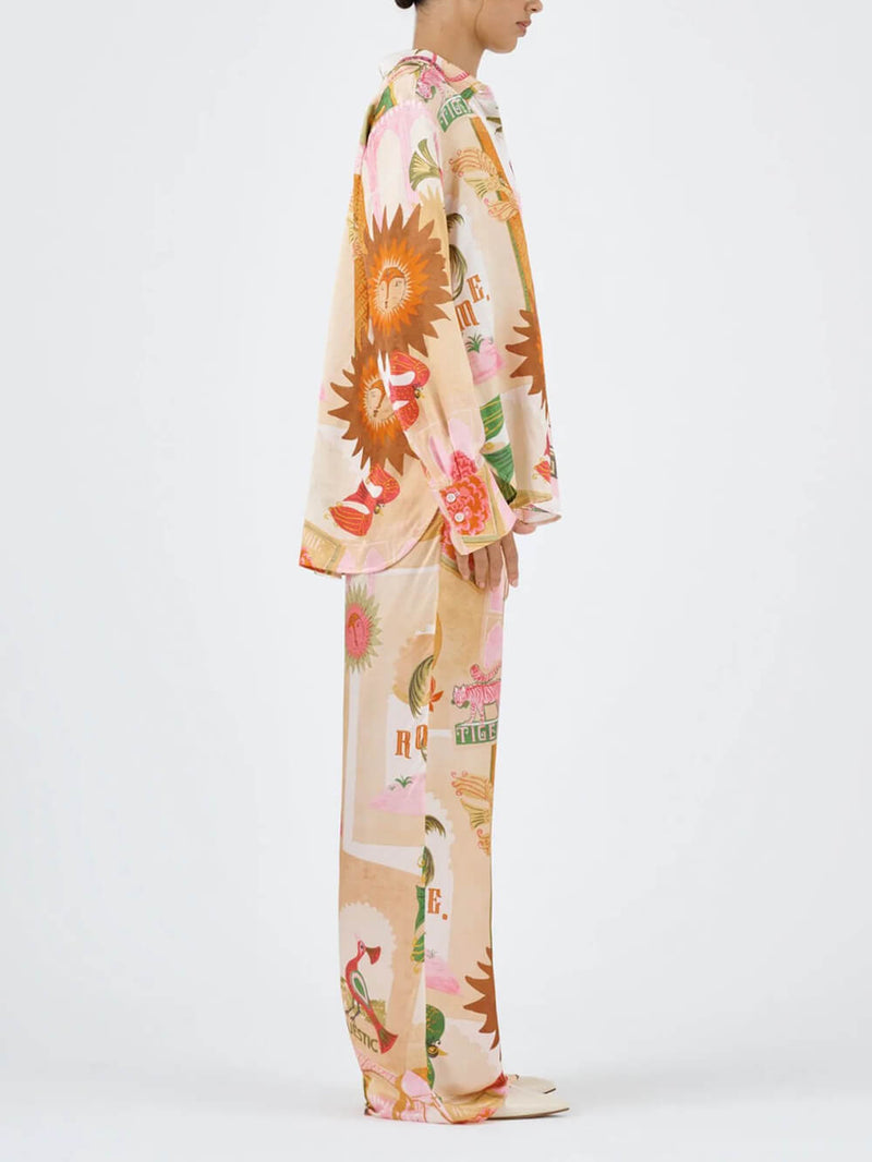 Unique Printed Shirt Top and Elastic Waist Loose Pants Sets