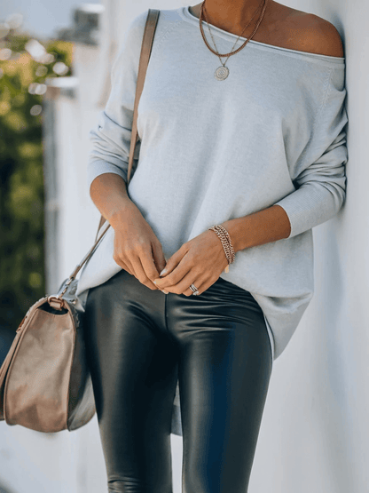 Oversized Collared Down Knit Sweater - Stone Blue