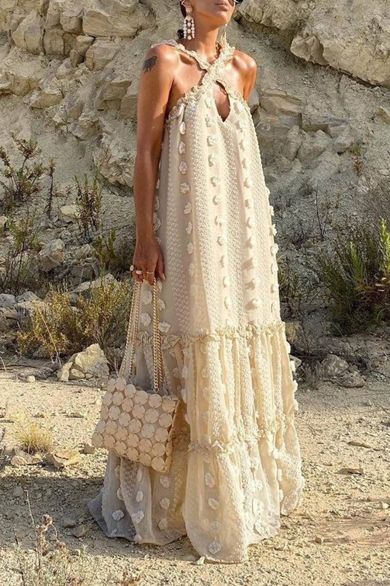 3d Criss-cross Halterneck Maxi Dress