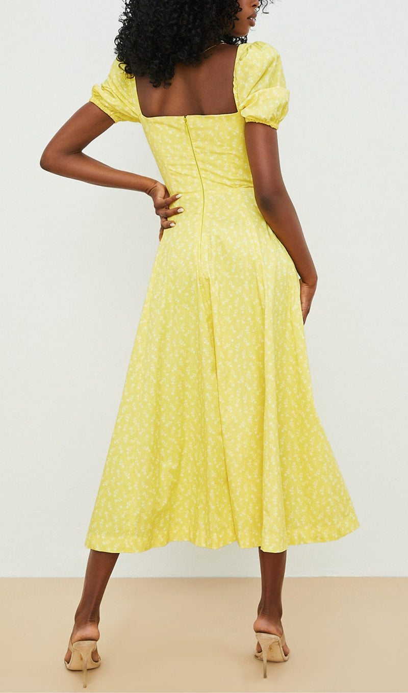 Puff Sleeve Midi Dress in Yellow