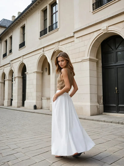 High Waist All-matching Linen Pleated Maxi Skirt