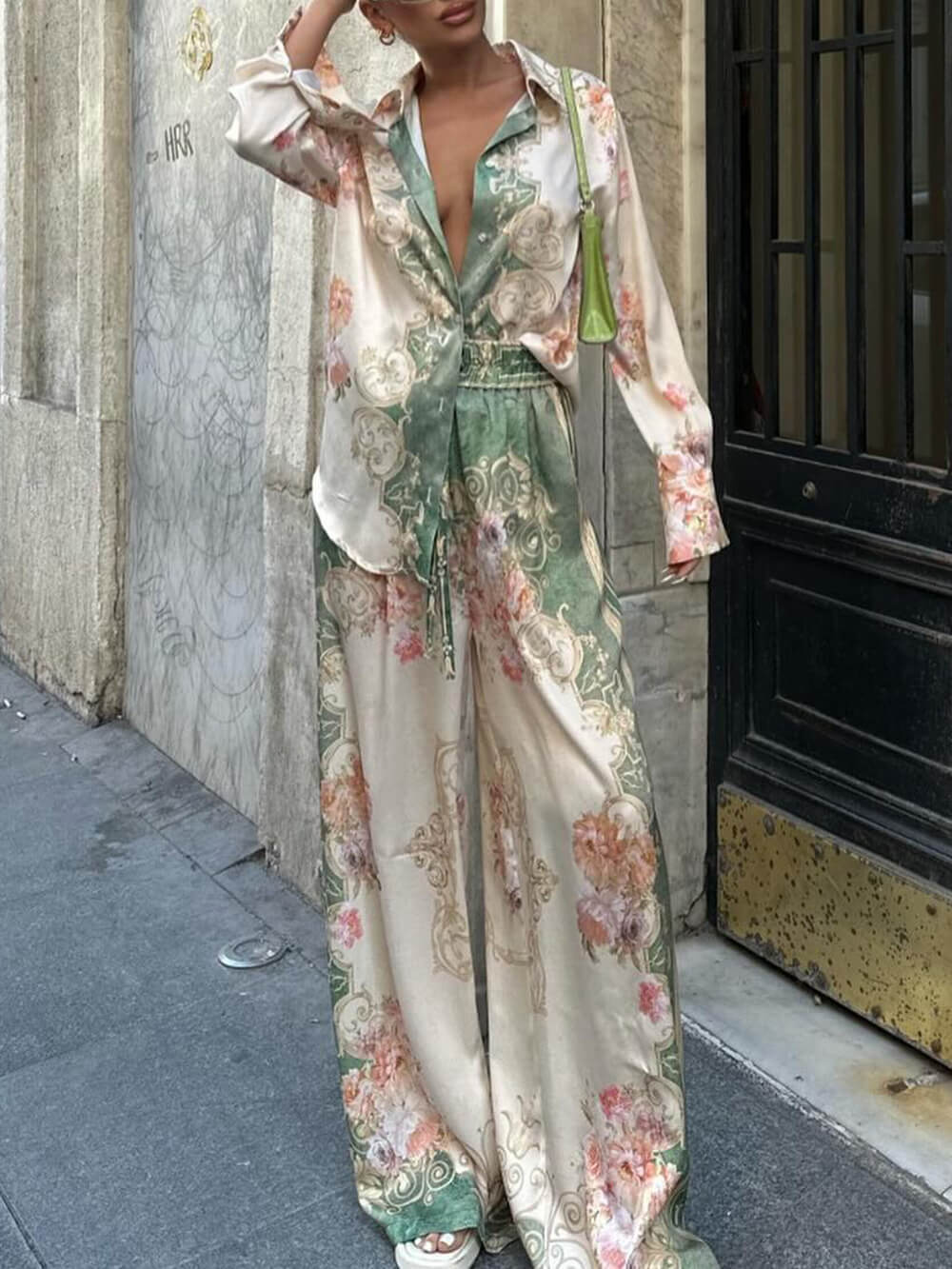 Unique Loose Printed Stretch Waist Wide Leg Pants