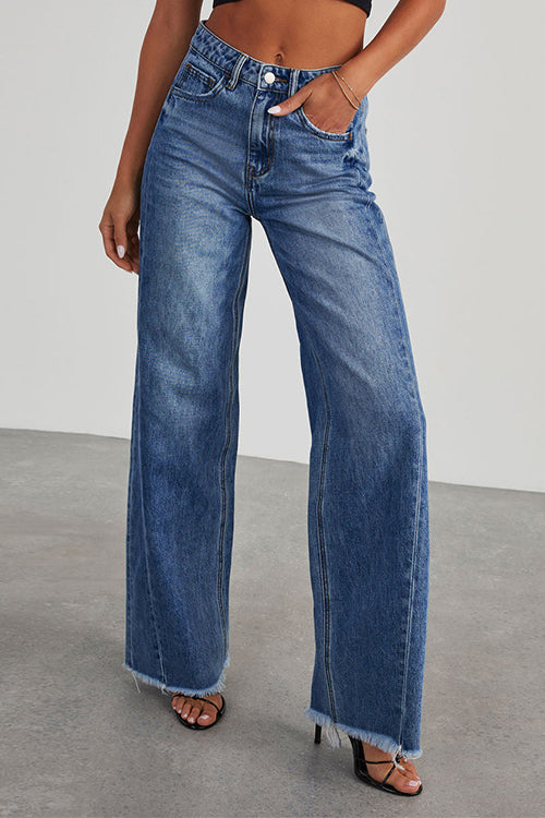 Raw Hem Distressed Wide Leg Denim Pants