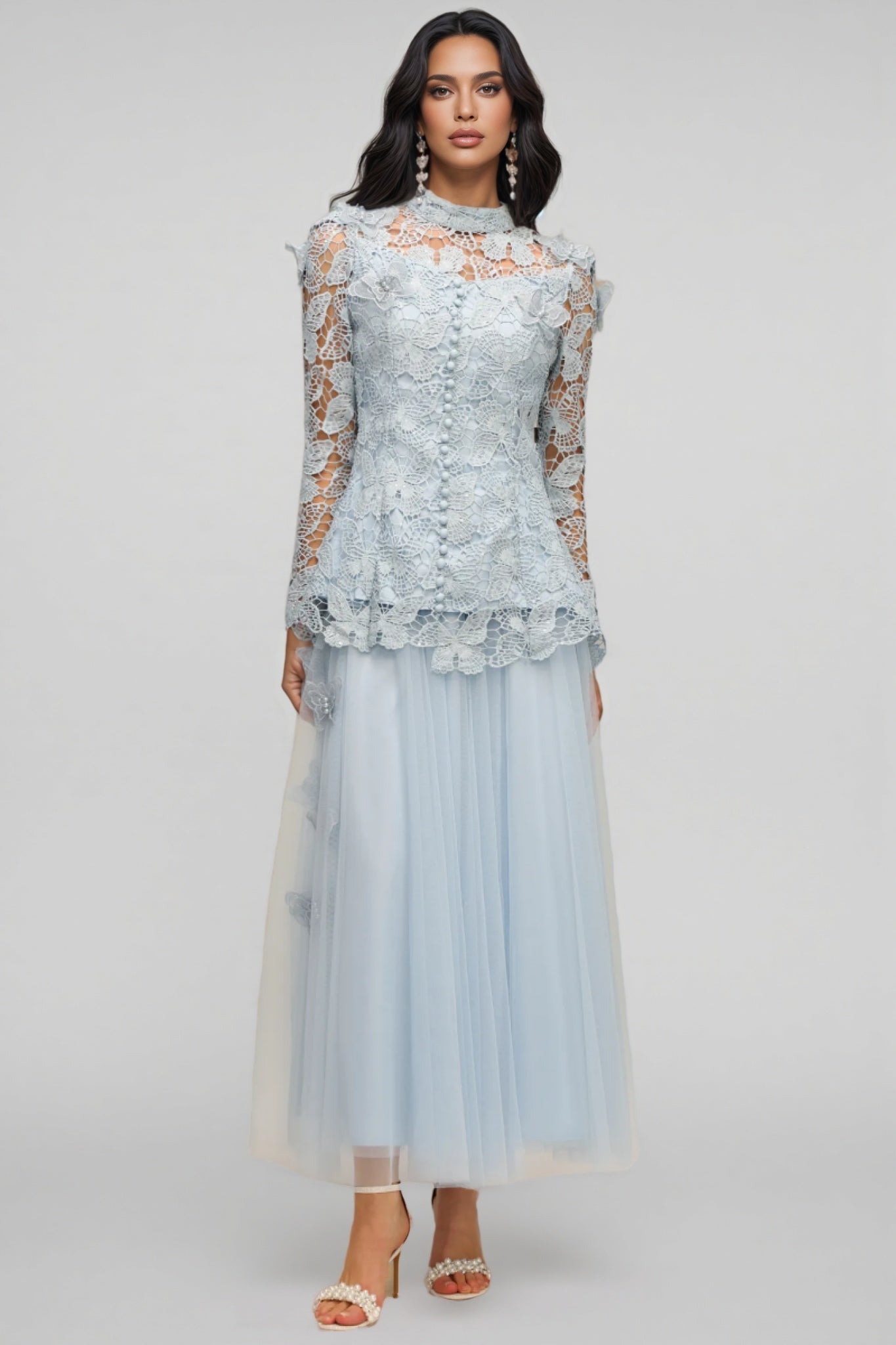 Hurof Folds Lace Butterfly Top Dress Two-piece Set