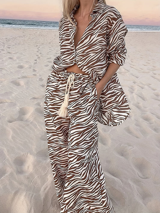 Button Open Collar Loose Zebra Print Shirt Pants Set