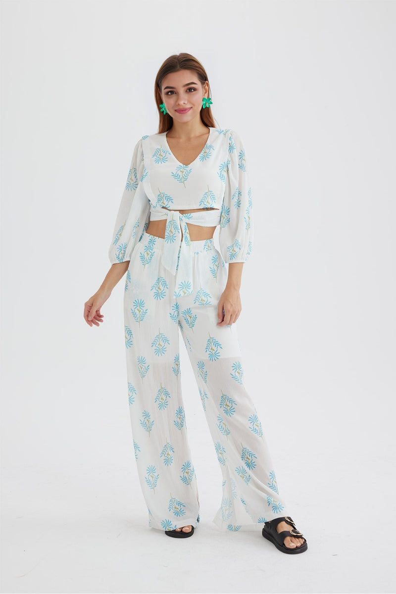 Print Puff Sleeve Knotted-front Tops Long Pants Suits