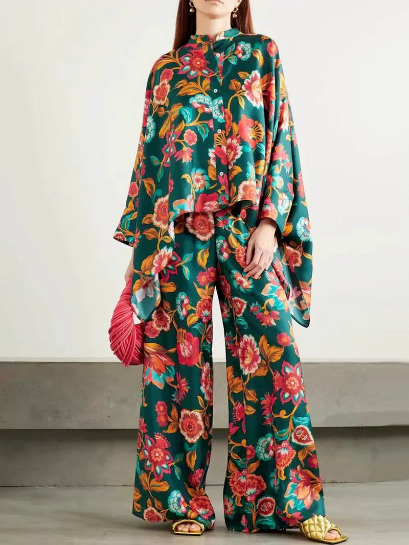 Fine Satin Print Batwing Sleeve Pants Set - Olive Green