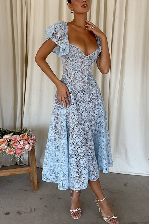 V Neck Flare Sleeves Lace Midi Dress