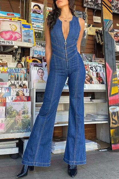 Zip Up Sleeveless Heart Back Bell Bottom Denim Jumpsuit