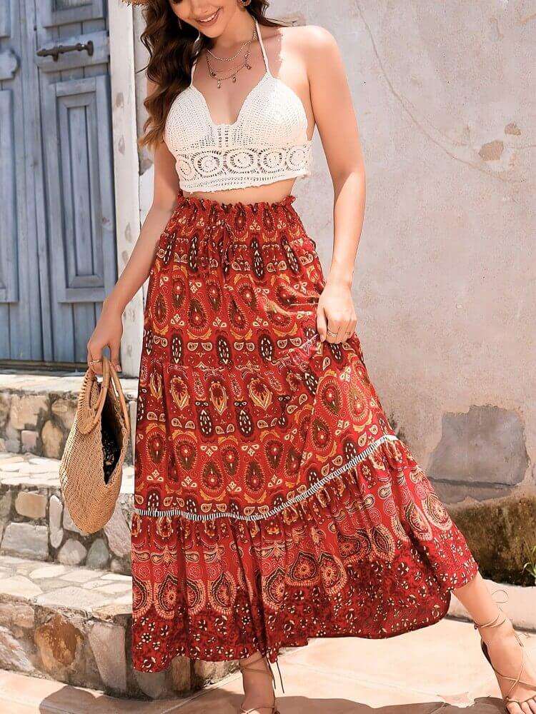 Shirred High Waist Skirt in Red