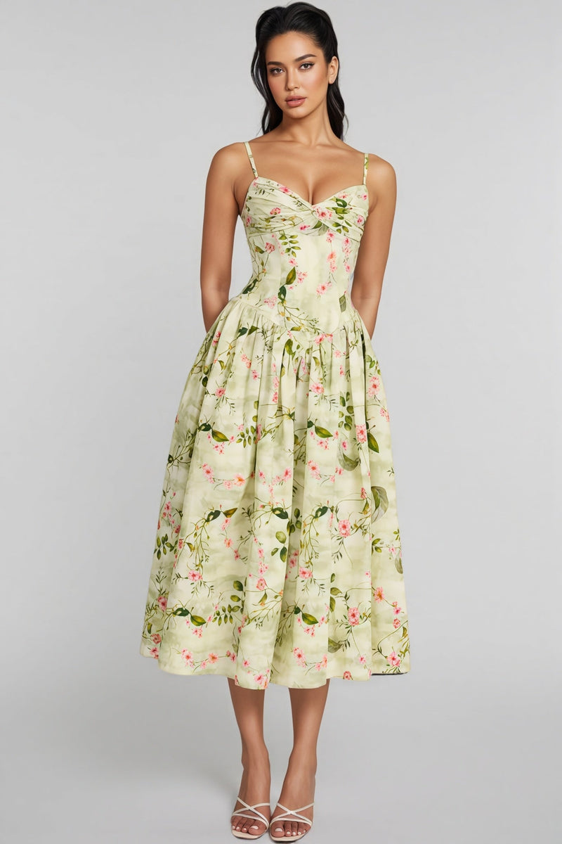 Raleign Green Print Ruched Midi Dress