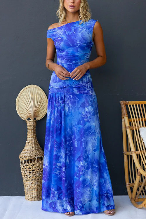 Asymmetric Shoulder Ruched Waist Print Maxi Dress