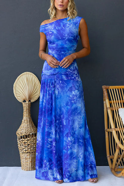Asymmetric Shoulder Ruched Waist Print Maxi Dress