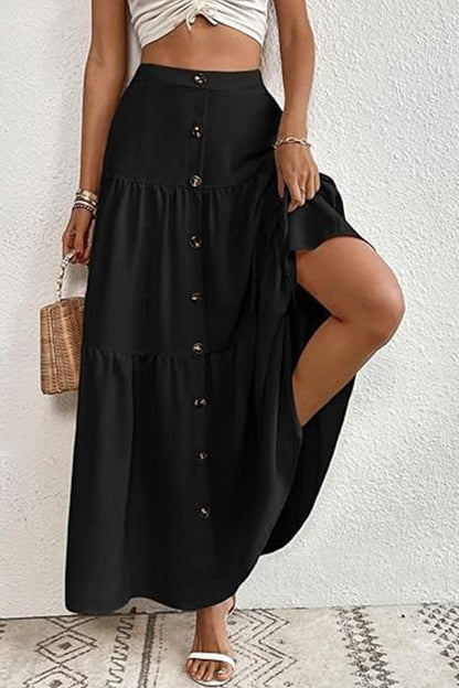 Single-breasted Color Tiered Maxi Skirt
