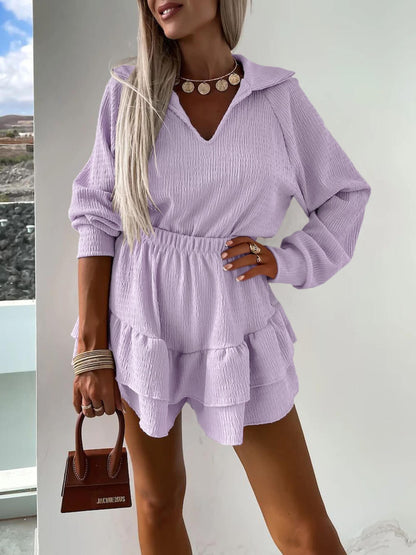 V-neck Shirt and Flared Skort Two-piece Set