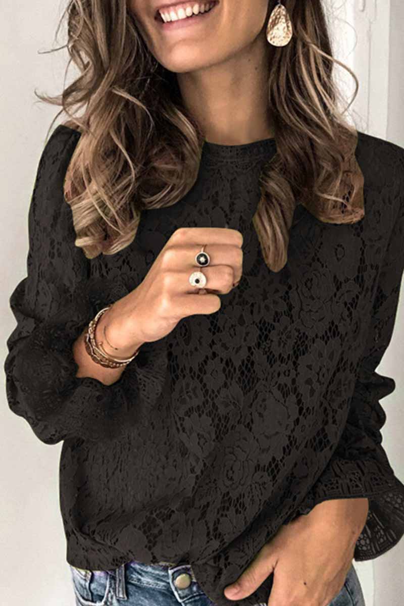 Long Sleeve Openwork Lace Blouse(4 Colors)