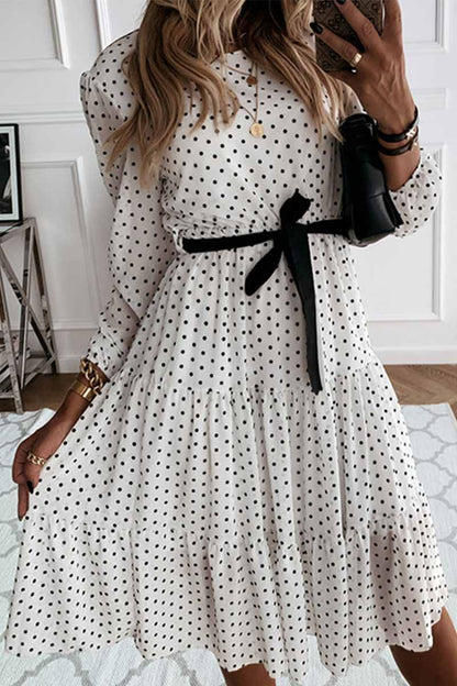 Dot Print Round Neck Tie Midi Dress