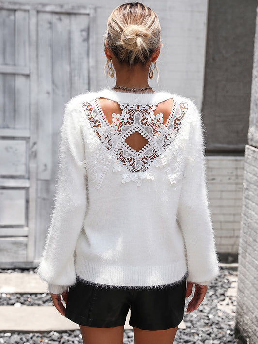 Petals Lace Pullover Sweater - White