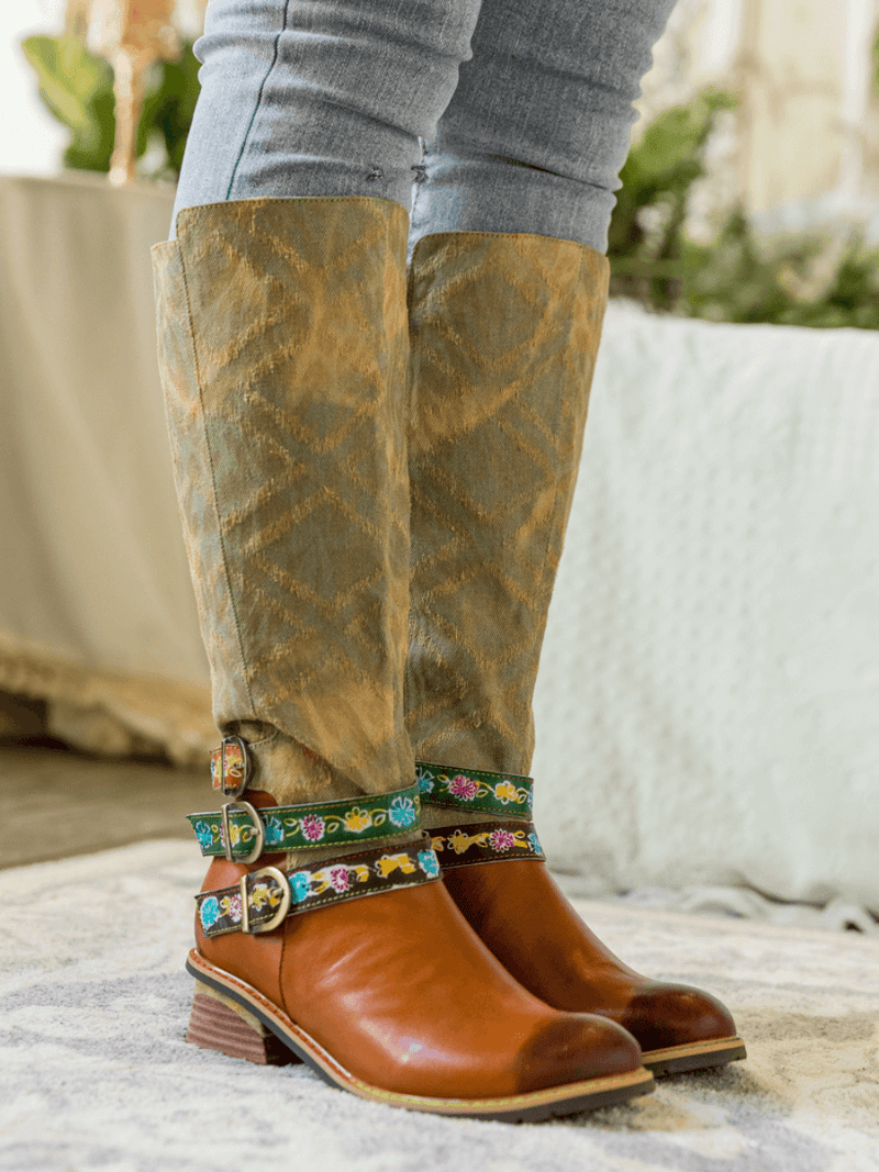 Soffia | Tri-strap Canvas Leather Knee High Boot