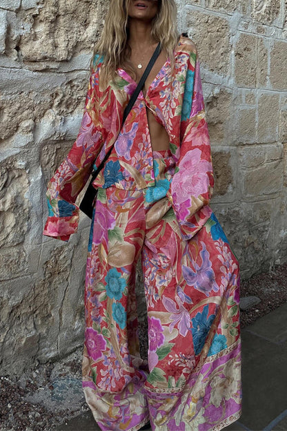Moxidress Long Sleeves Button Up Shirt and Wide Leg Pants Print Set