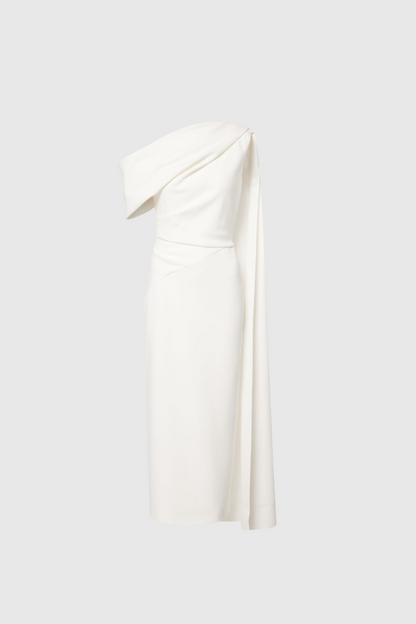 Candidus Shawl Ruch Asymmetric Midi Dress in White