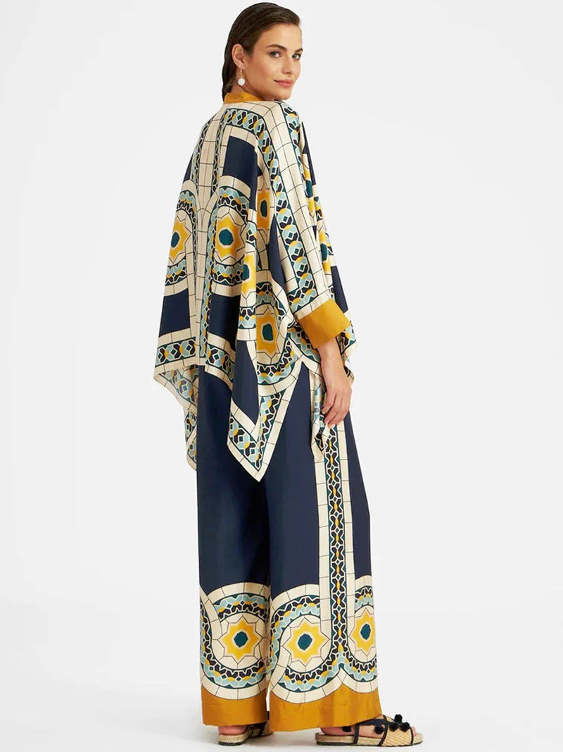 Fine Satin Print Batwing Sleeve Pants Set - Yellow-blue