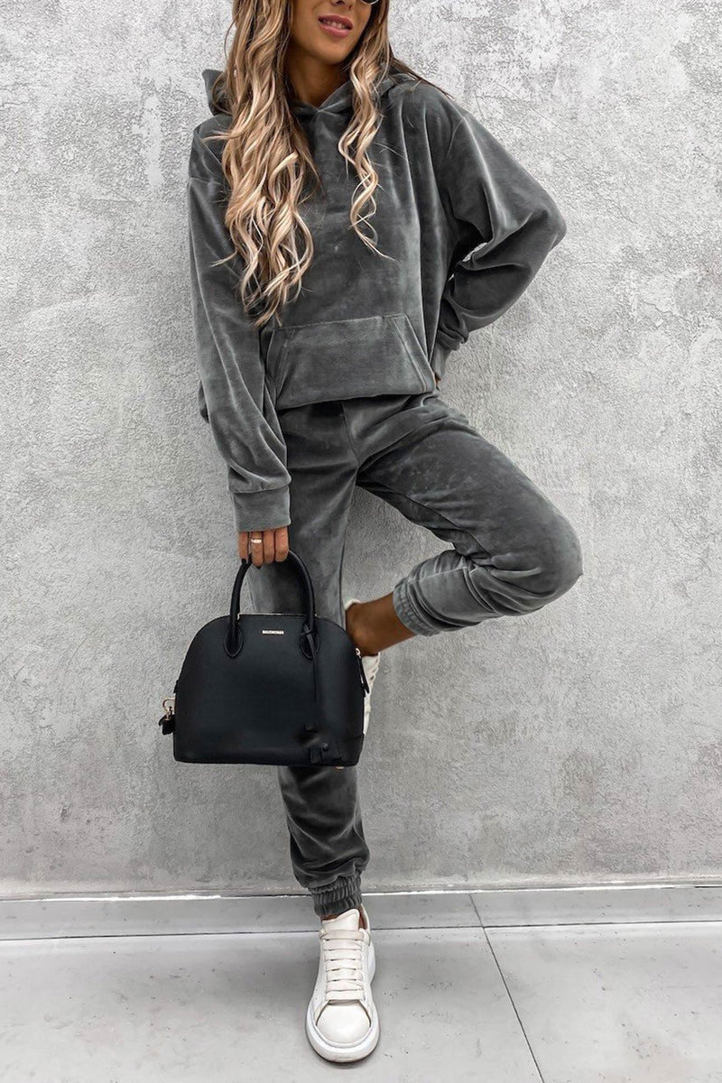 Velour Color Hoodie Long Pants Set