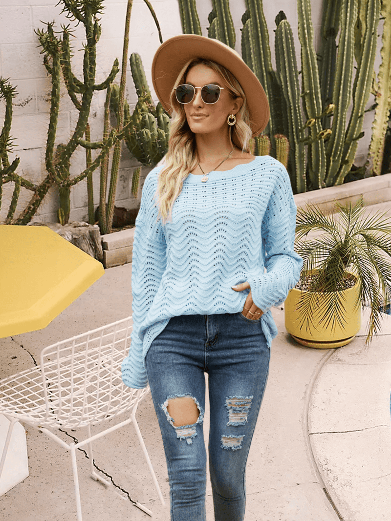 Laila Perforated Scallop Neck Knit Sweater