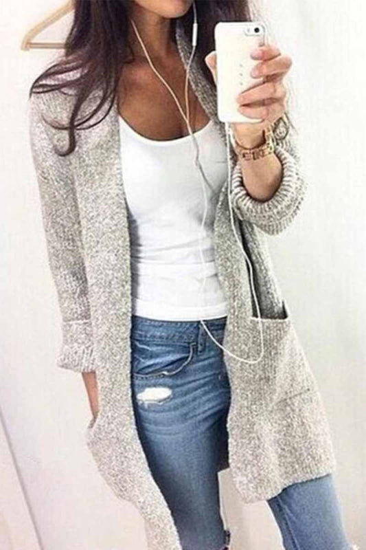 Color Knitted Cardigan With Large Pockets