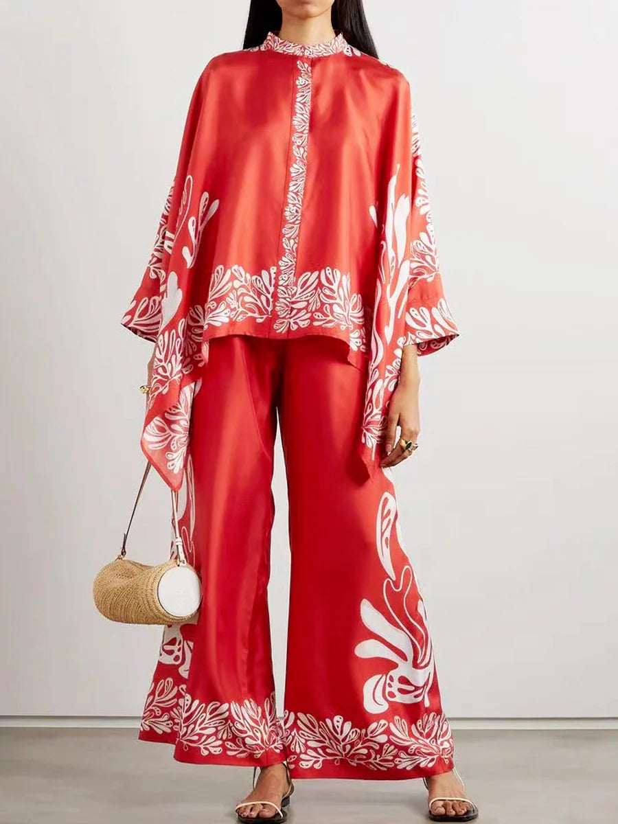 Fine Satin Print Batwing Sleeve Pants Set - Red