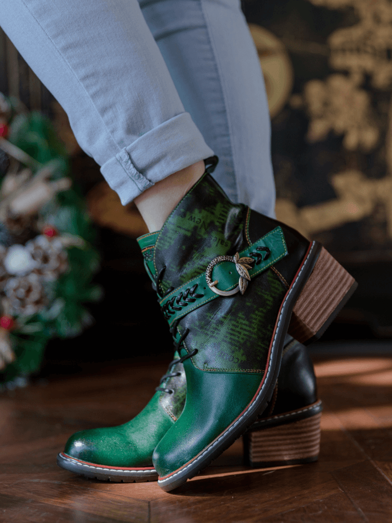 Soffia | Dark Green Leather Ankle Boot