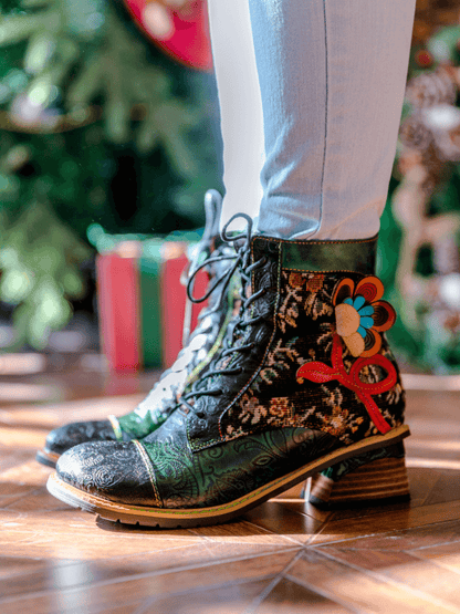 Soffia | Appliqued Lace Up Leather Ankle Boot