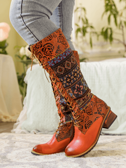 Soffia | Geometry Patchwork Embossed Leather Knee High Boot
