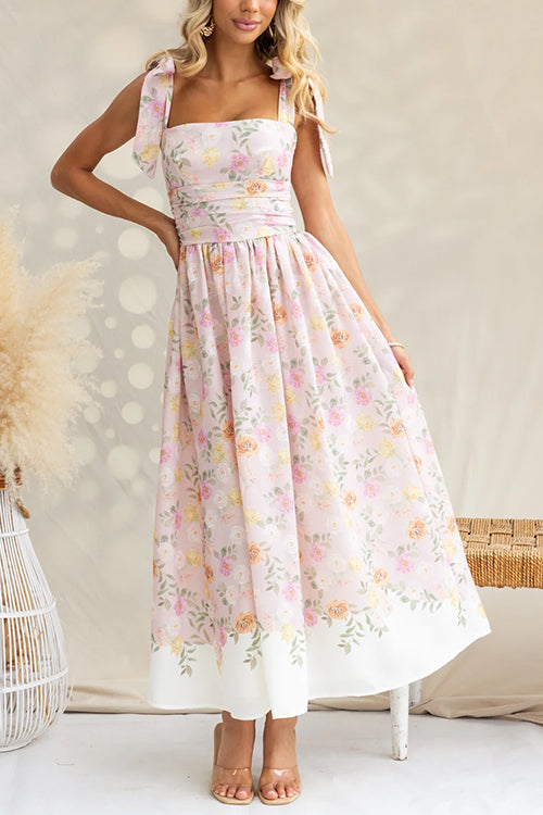 Adjustable Tie Straps Waisted Print Maxi Dress