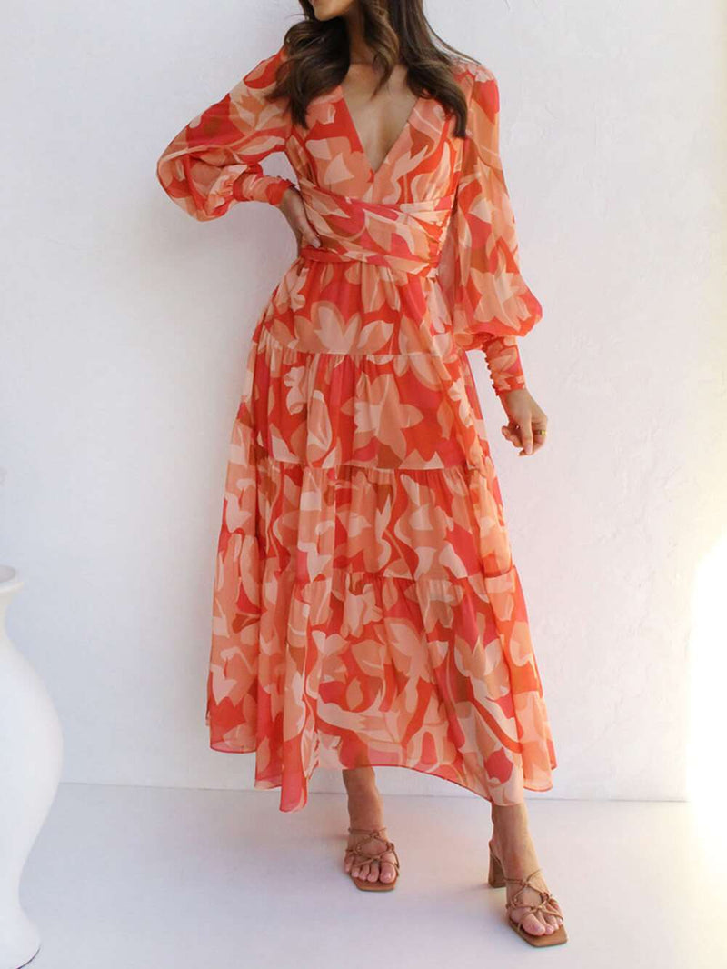 Long-sleeved V-neck Swing Midi Dress