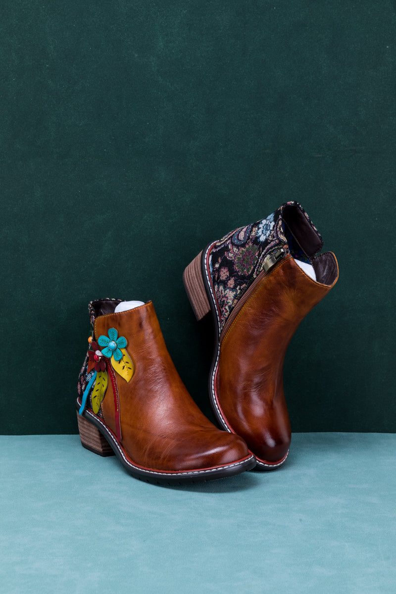 Soffia | Petal Applique Leather Ankle Boot