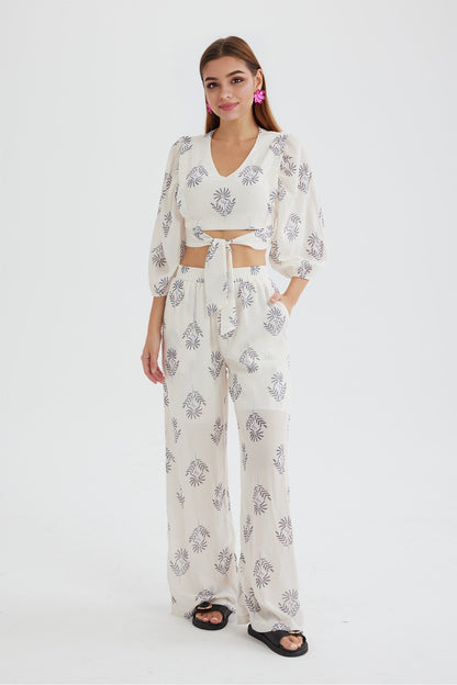 Print Puff Sleeve Knotted-front Tops Long Pants Suits