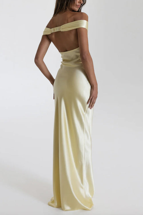 Moxidress Off Shoulder Backless Cut Out Satin Maxi Dress