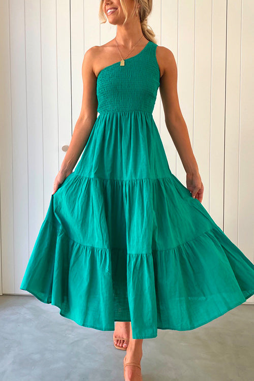 One Shoulder Sleeveless Smocked Ruffle Tiered Maxi Dress