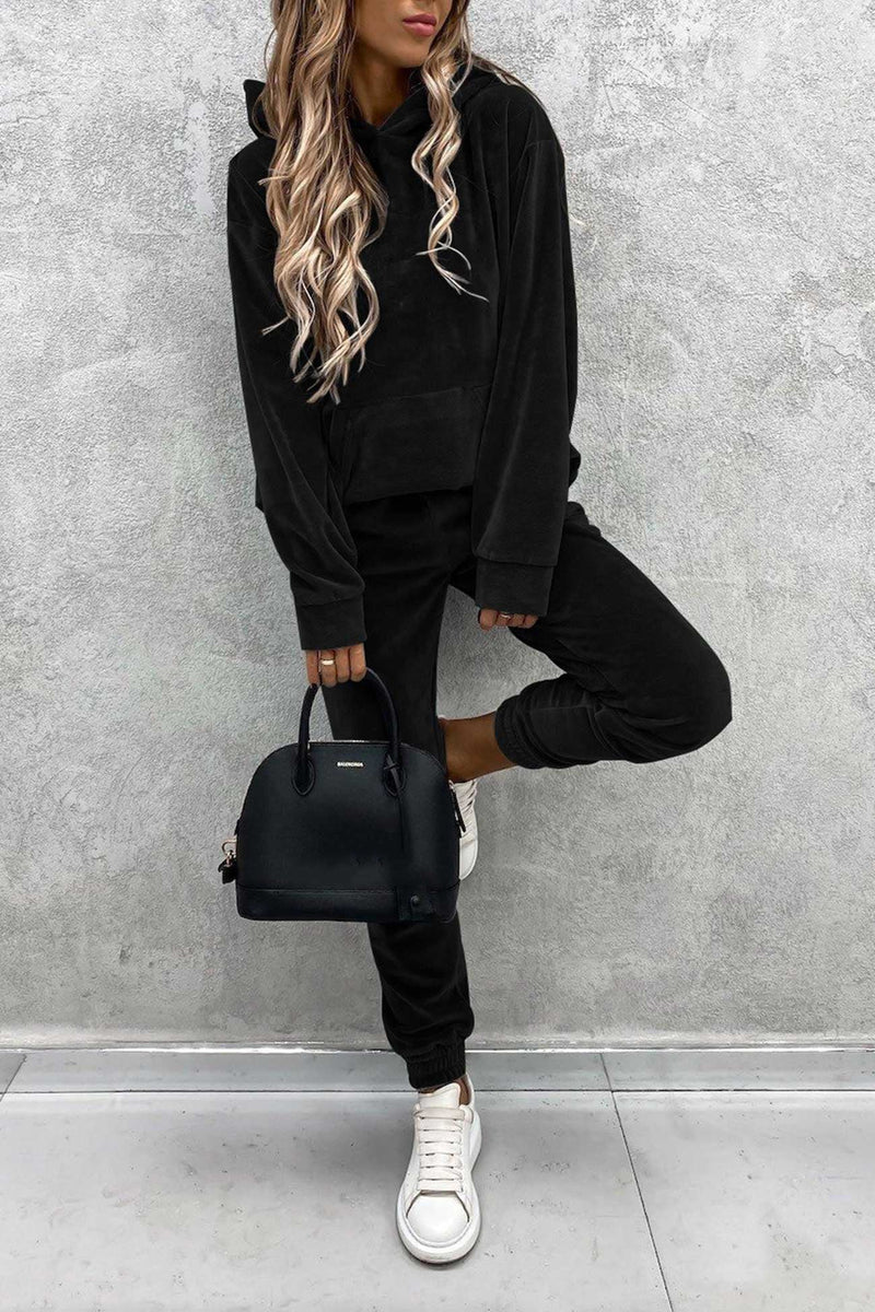 Velour Color Hoodie Long Pants Set