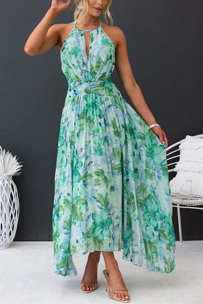 V Neck Waisted Cut Out Pleated Maxi Dress