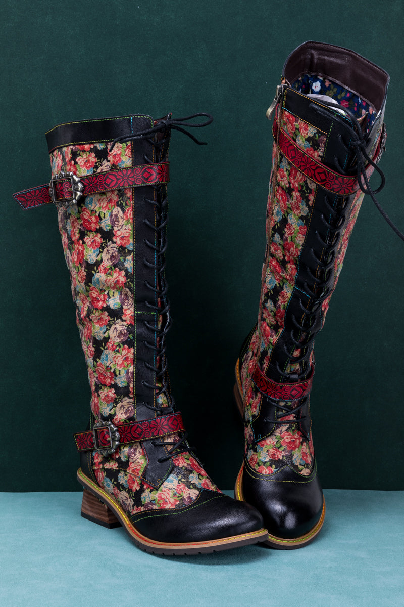 Soffia | Blooming Tie-accent Leather Knee High Boot
