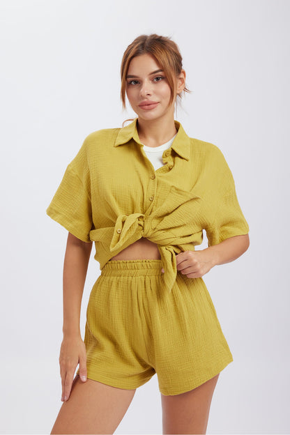 Color Short Sleeve Shirt Cotton Two-piece Shorts Set